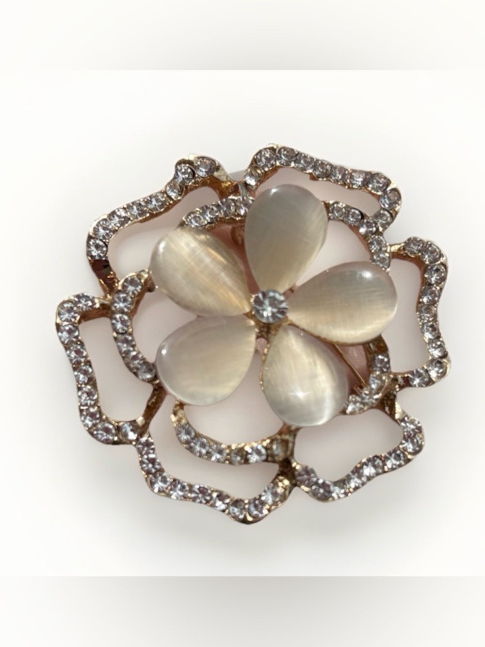 Flower Mother of Pearl, Rhinestones & Faux Pearl Brooch Pin Gold Tone 2”